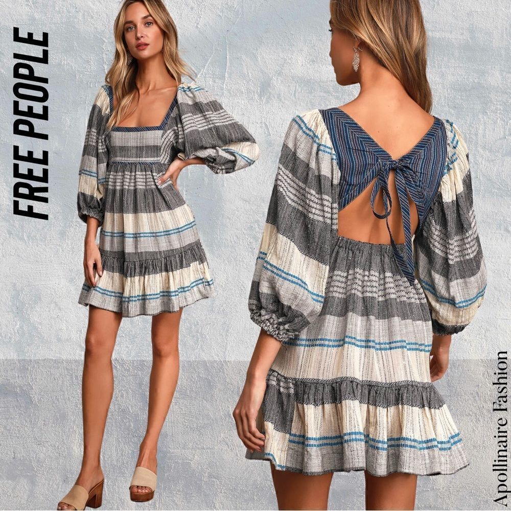 FREE PEOPLE ALL LINED UP IN XS NWT MINI DRESS MULTI STRIPE BLUE GREY COMBO